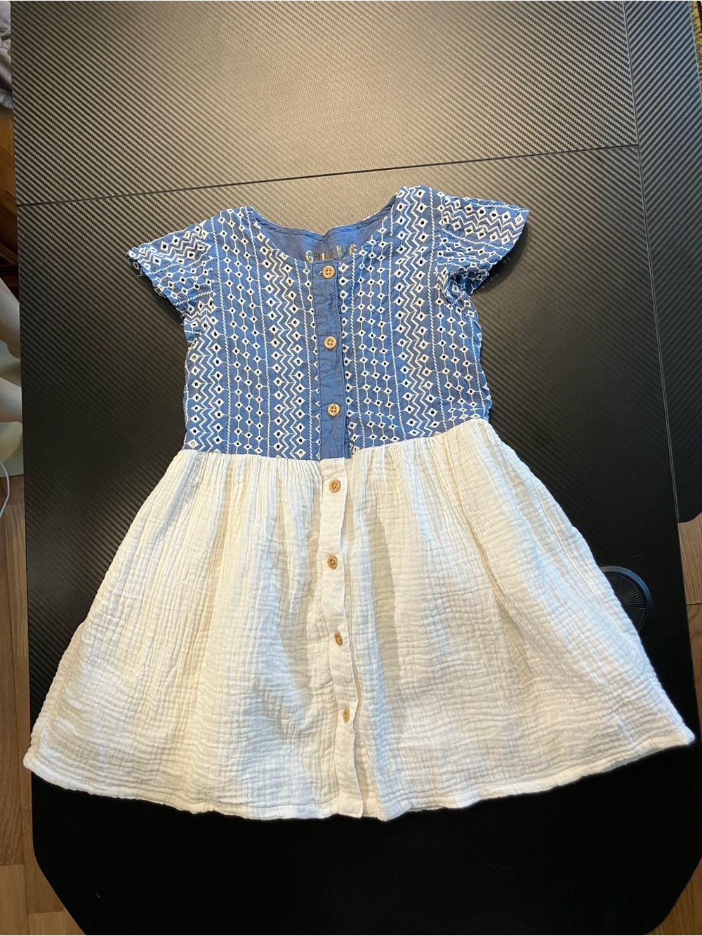 Blue Eyelet  Patterned Bodice and White Button-Front Girls Cotton Dress